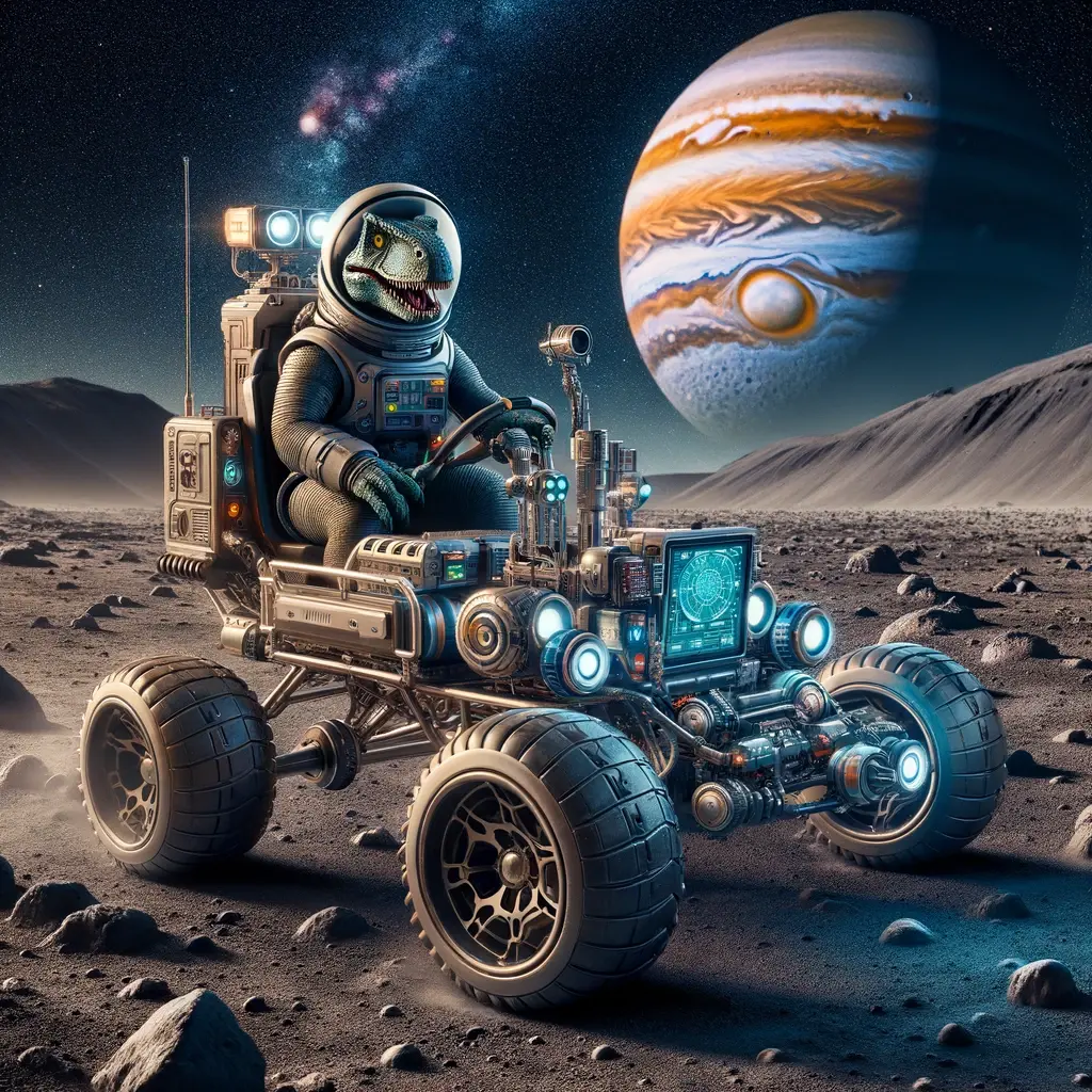 Dodger driving a rover on Io with Jupiter in the sky